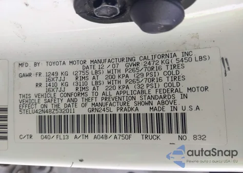 2008 Toyota Tacoma Base V6 из США, поврежденный, VIN 5TELU42N48Z532011